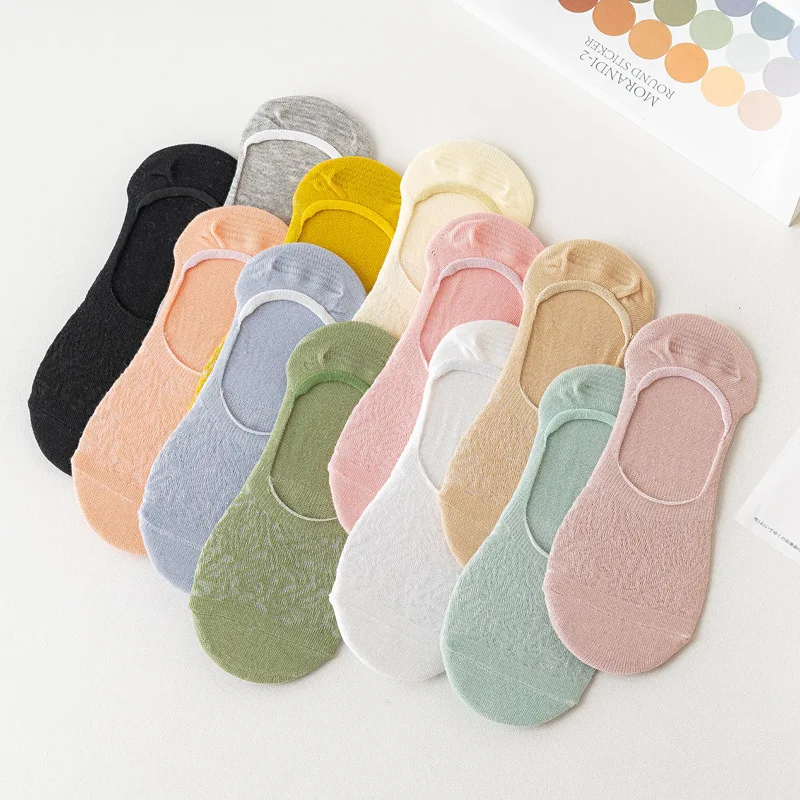 5 Pairs Summer Mesh Womens Thin Breathable Hollow Invisible Socks Silicone Non Slip Socks Candy Colored Female Socks