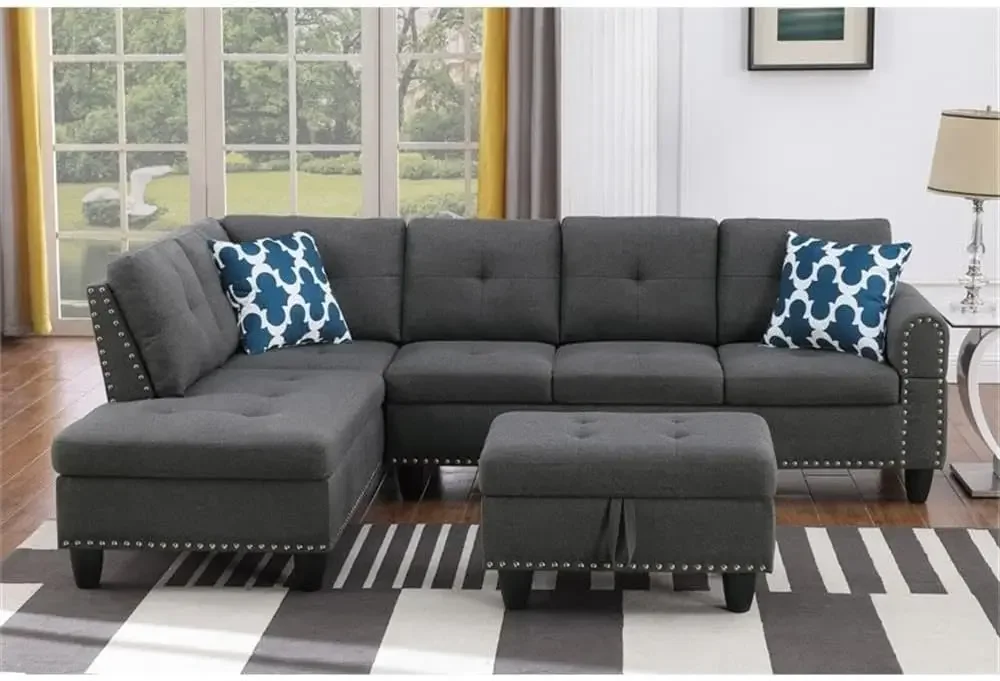 Polyester Fabric Sectional Sofa with Ottoman-Gray