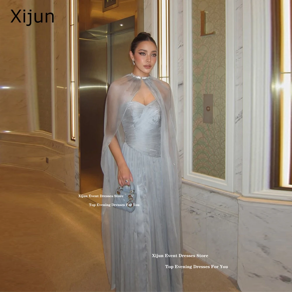 Xijun 우아한 쉬폰 롱 이브닝 드레스 스윗하트 A라인 케이프 프롬 드레스 플리츠 사우디아라비아 정장 프롬 가운 맞춤 제작