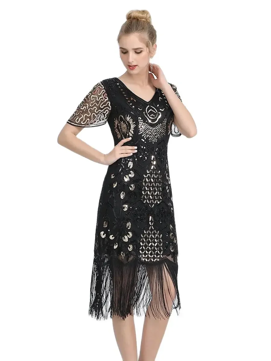 Sukienka z frędzlami, dekolt w kształcie litery V, rękaw w kształcie płatka, haftowana sukienka Midi, duży rozmiar 4XL, lata 20. Flapper Dress, cekiny, zroszony, impreza Great Gatsby