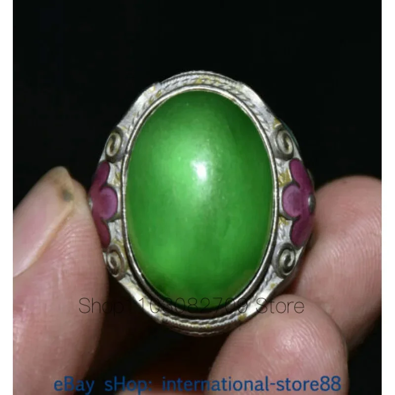 

1.4 Inch Old Chinese Silver Inlaid Emerald Gem Dynasty Palace Flower Ring