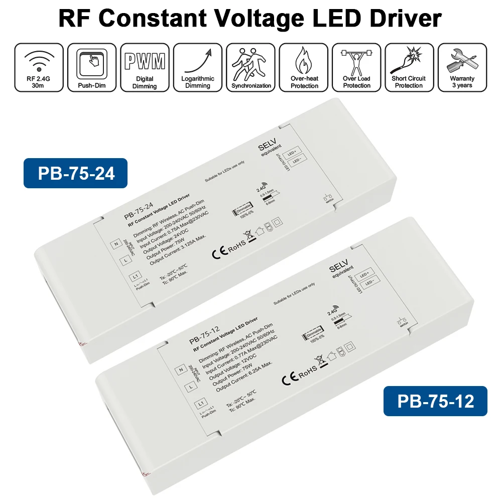 LED Driver Dimmable DC 12V 24V 75W Wireless 2.4G RF Remote Control Push Dimmer Constant Voltage Light 12 Volt LED Dimming Driver