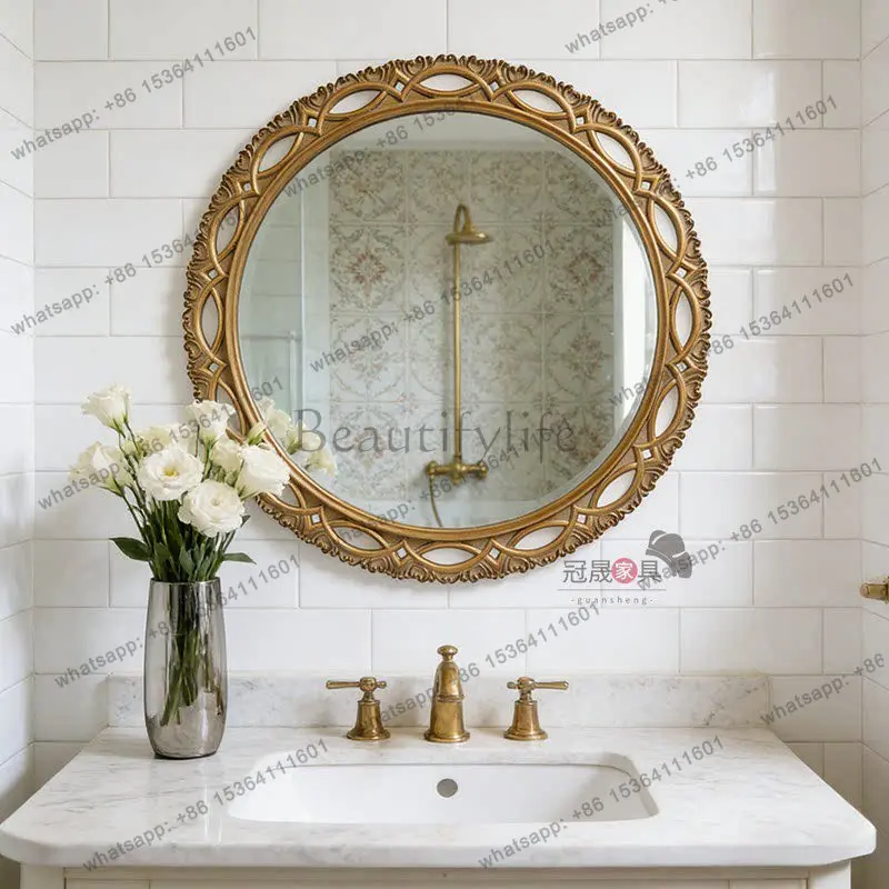 D14 European carved bathroom mirror wall-mounted toilet round fireplace decorative mirror