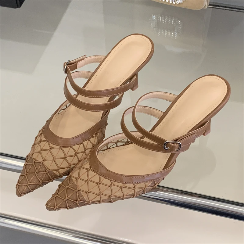 

Women's Pointed Toe Mesh Net Double Strap Adjustable Buckle Slip‑Back Mules Stiletto Heel Sandals,Summer Daily Footwear,DropShip