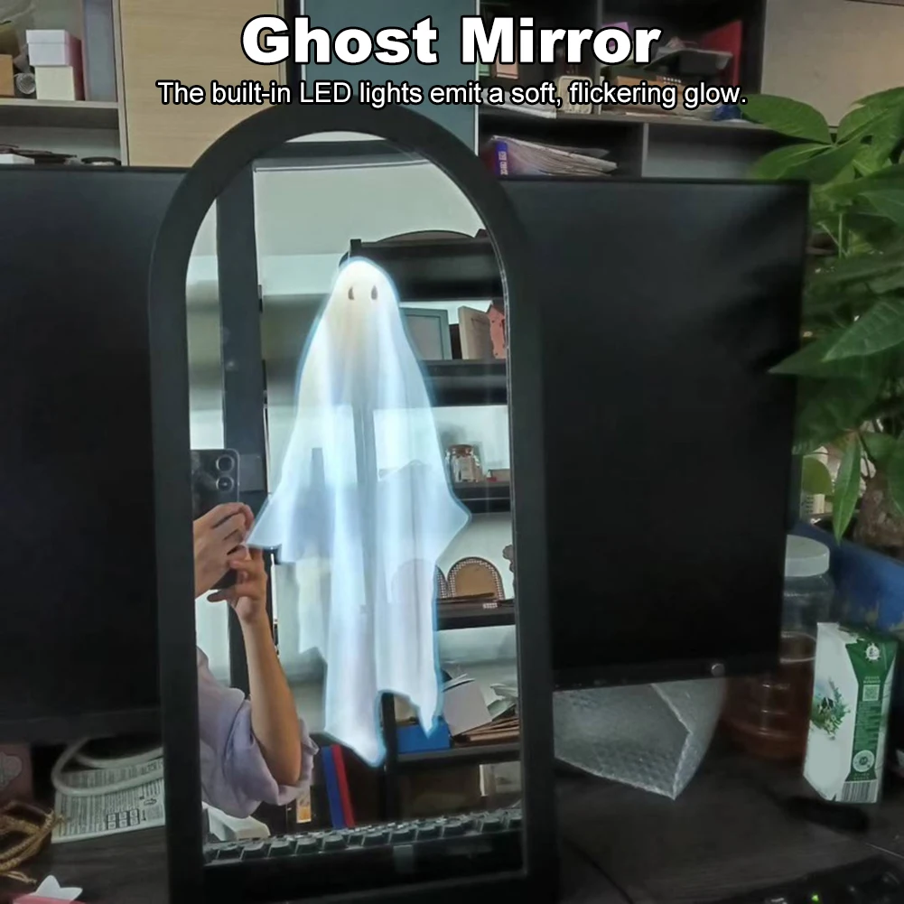 2025 Halloween Ghost Mirror White/Warm Night Light Ghost Mirrors Halloween Scary Decor Hologram Ghost Prank Home Room Decoration