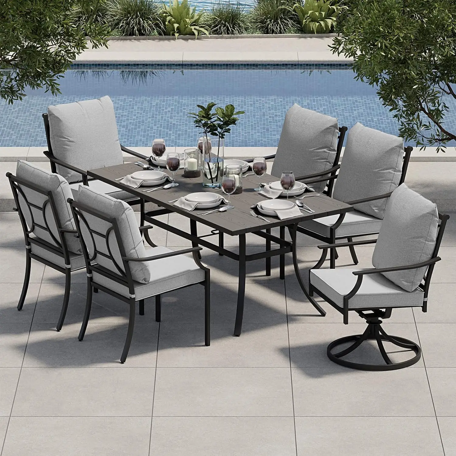 

7-Piece Patio Dining Set 6 E-Coated Outdoor Dining Set 4PCS Fixed & 2PCS Swivel Patio Dining Chairs W/Olefin Cushions & 1 Black