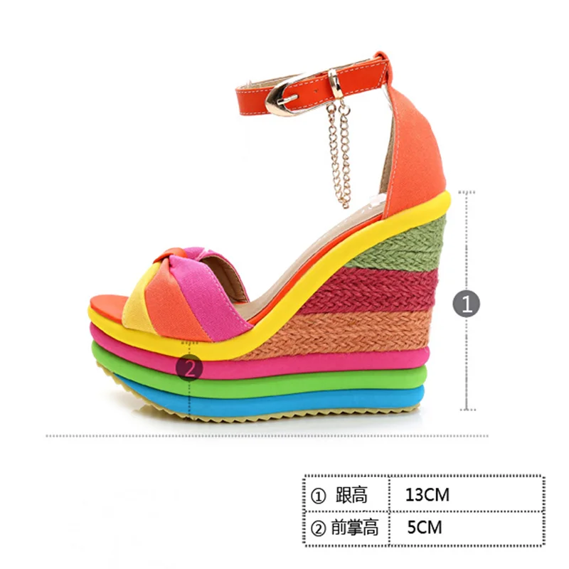 Women\'s Wedges Sandals Colorful Platform Rainbow Shoes Bowknot Hemp Bottom Female Ankle Buckle Strap Ladies Shoe Summer New 2021