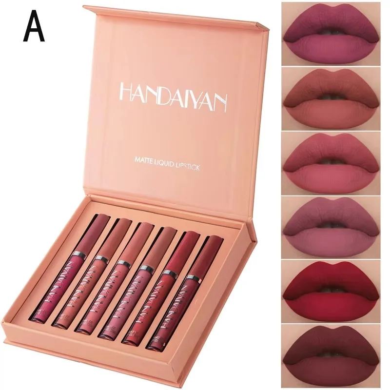 Juego de lápiz labial líquido HANDAIYAN de 6 piezas: acabado mate, brillo de labios antiadherente de larga duración, caja de regalo de maquillaje de labios impermeable para mujeres