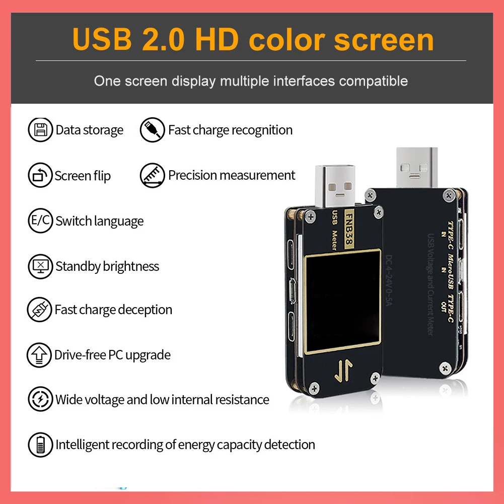 FNB38 USB Tester Medidor de tensão atual, carregamento rápido Protocolo Capacidade Tester, QC4 + PD3.0, QC2.0, PPS, FCP, SCP, AFC