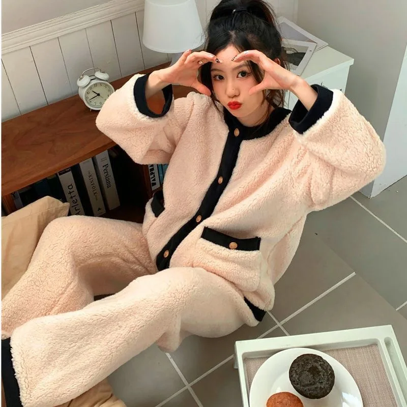 New Autumn and Winter Thickened Women's Pajamas, Long Sleeve Loose Flannel Lazy Little Chanel-Style Home Wear Set, Winter Outfit