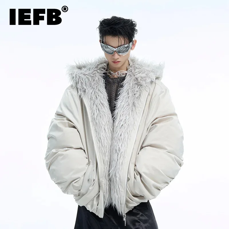 IEFB Wool Collar Splicing Hooded Men\'s Cotton Jacket Velvet Autumn Winter New Waterproof Thick Male Short Padded Coat 24E5176