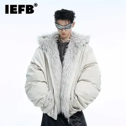 IEFB Wool Collar Splicing Hooded Men's Cotton Jacket Velvet Autumn Winter New Waterproof Thick Male Short Padded Coat 24E5176