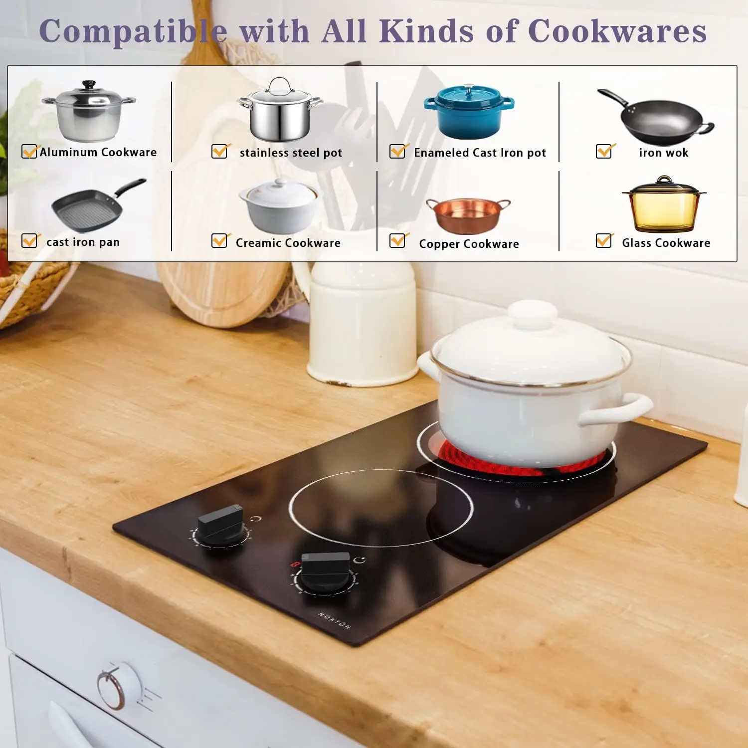 نوكستون 110 فولت موقد سيراميك كهربائي 2 شعلة، توصيل 12 بوصة، 2000 وات، استخدام مدمج أو عداد، 9 مستويات طاقة، تحكم في المقابض