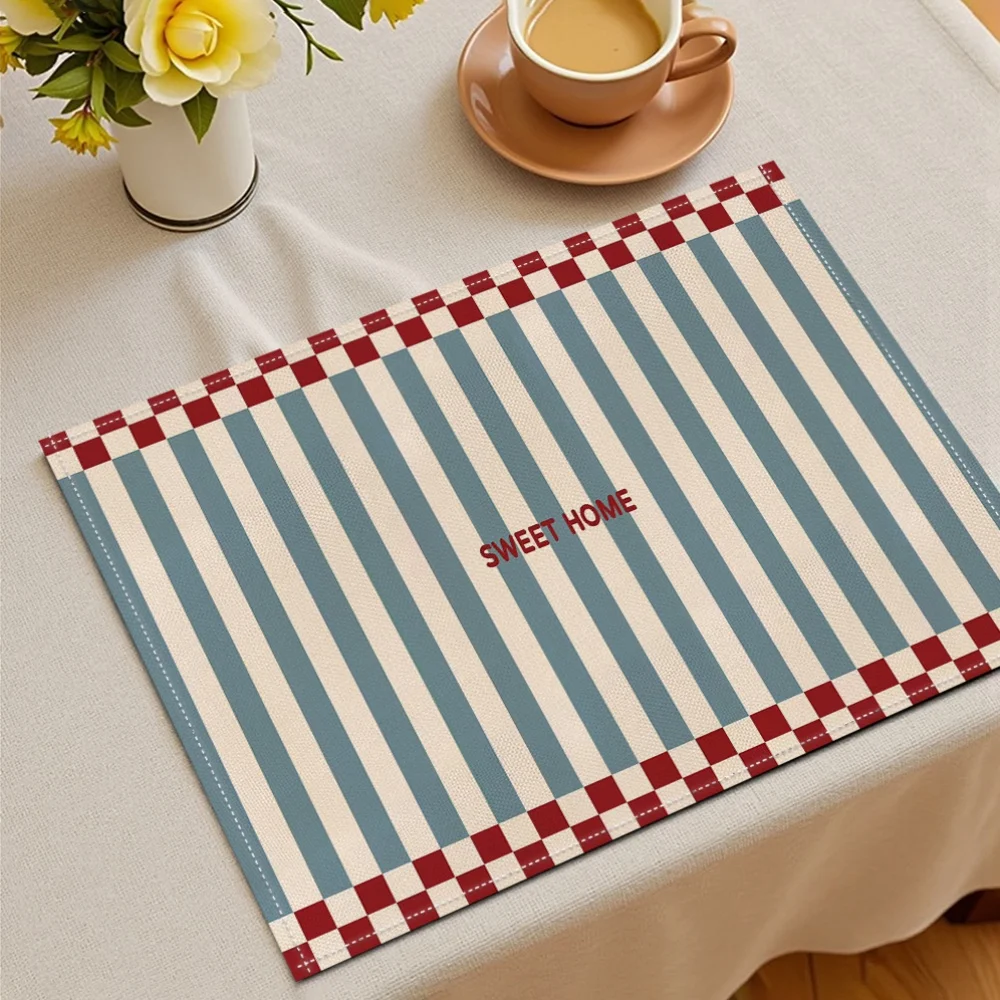 4pcs Striped Placemats Blue Cream with Red Checker Border 