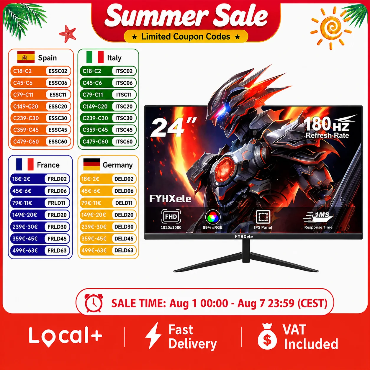 Écran d'affichage 24 pouces, moniteur de jeu 180Hz FHD 1080P, panneau IPS 1ms, écran plat pour ordinateur, moniteur de bureau sans cadre, 99% SRGB avec port audio DP HDMI, rétroéclairage RGB pour joueur, ordinateur de bureau FY24FHR