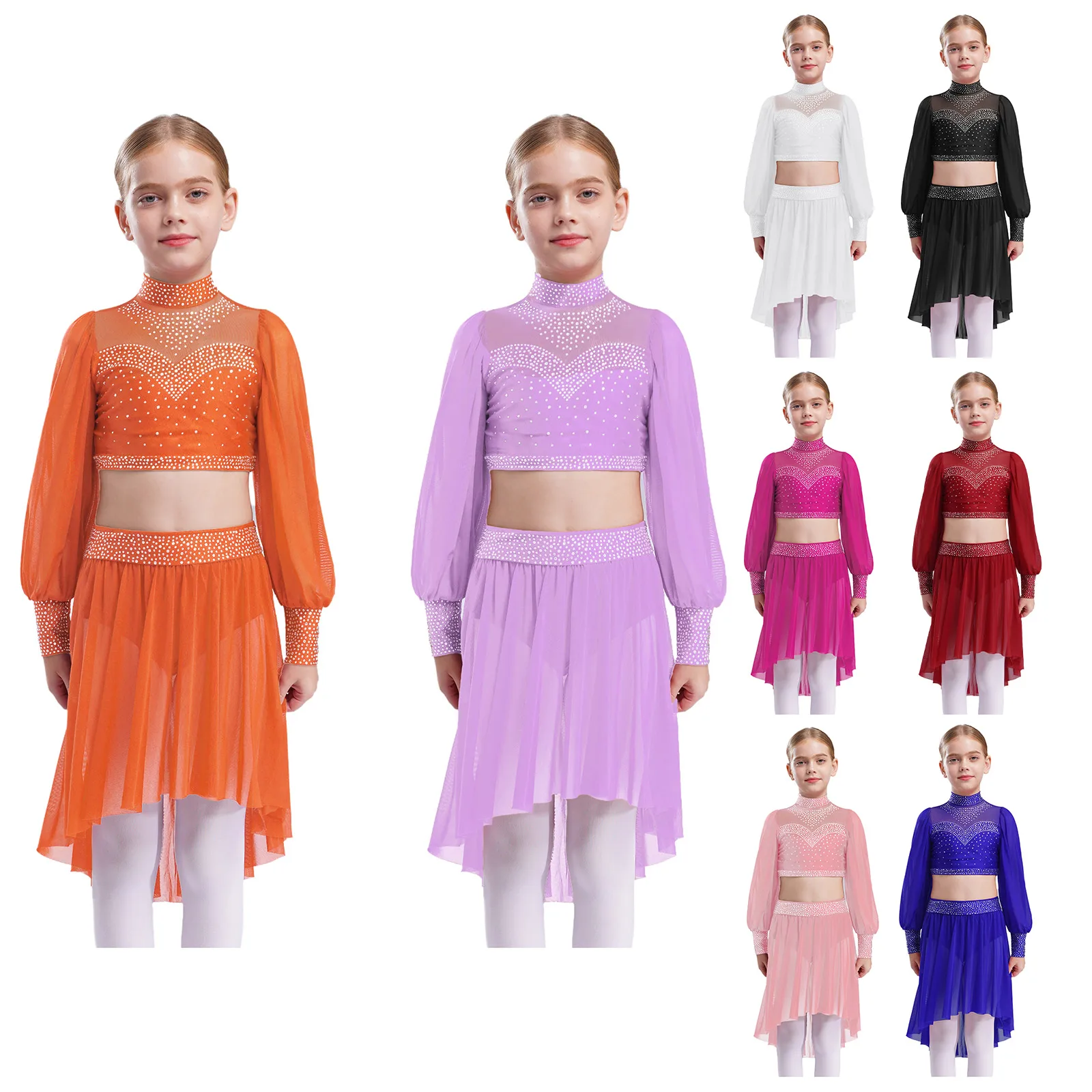 أطفال بنات الحديثة الغنائية الرقص الباليه التزلج أداء زي بقماش شفاف طويلة الأكمام لامعة حجر الراين المحاصيل القمم مع تنورة #5