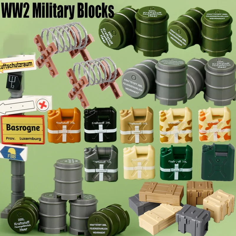 WW2 Military Oil Drum Building Blocks Army Soldier Figures War Infantry Accessories Tent Fence Weapon Box Barrel Bricks Toys Boy