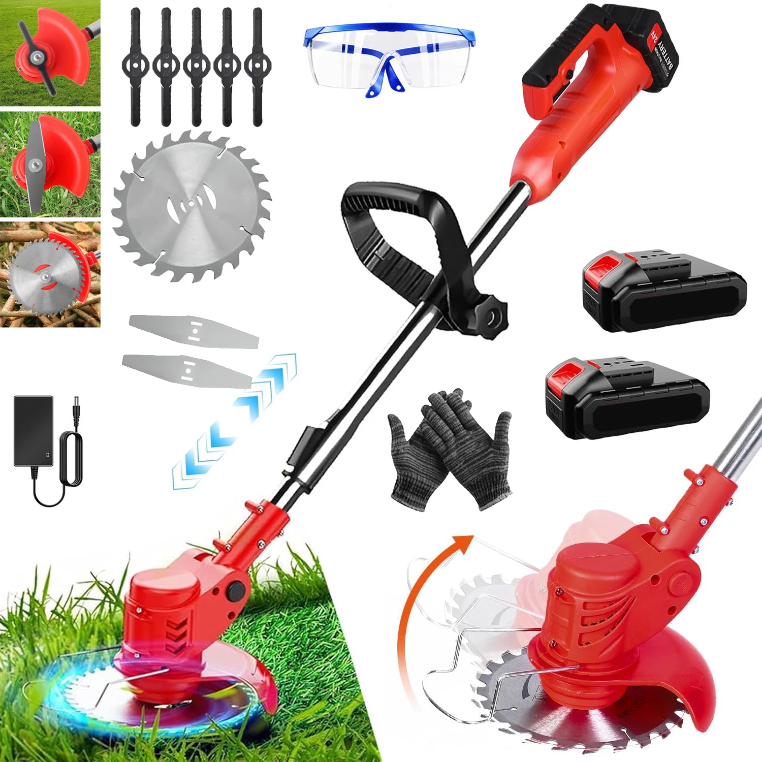 Tondeuse à gazon électrique sans fil avec 2 batteries 2400 mAh, tondeuse à main, longueur réglable 90-125 cm, débroussailleuse puissante, tondeuse à gazon à batterie 24V + 3 lames différentes