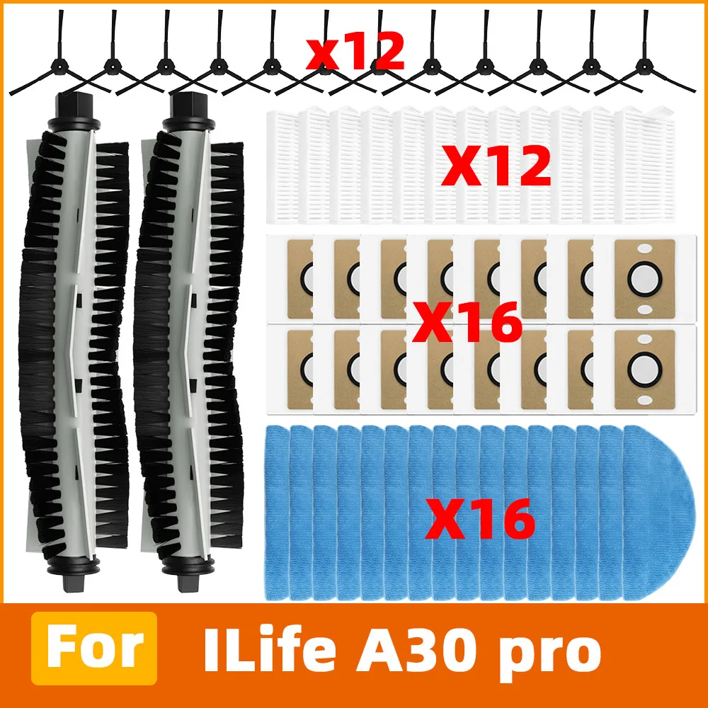 Compatible avec ILife A30 Pro Pièces d’aspirateur Brosse principale Brosse latérale Filtre HEPA Lingette de lavage Sac à poussière Accessoires de remplacement
