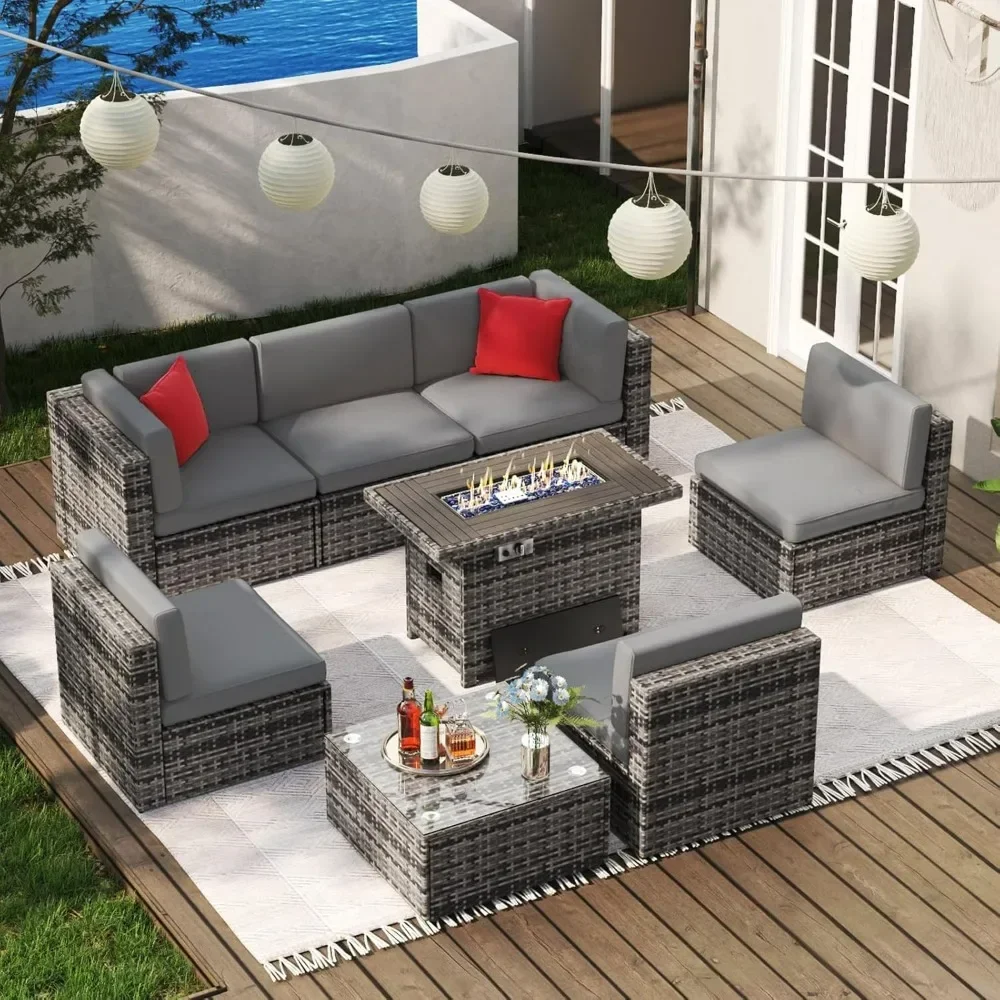 

8-Piece Outdoor Patio Furniture Set with Fire Pit Table & Tempered Glass Coffee Table-for People with Small physique garden