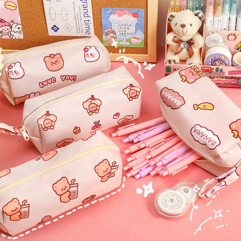 Kawaii Bear Large Capacity Pencil Case Desktop Stationery Organizer Storage Bag Canvas Material Pencil Bag School Supplies