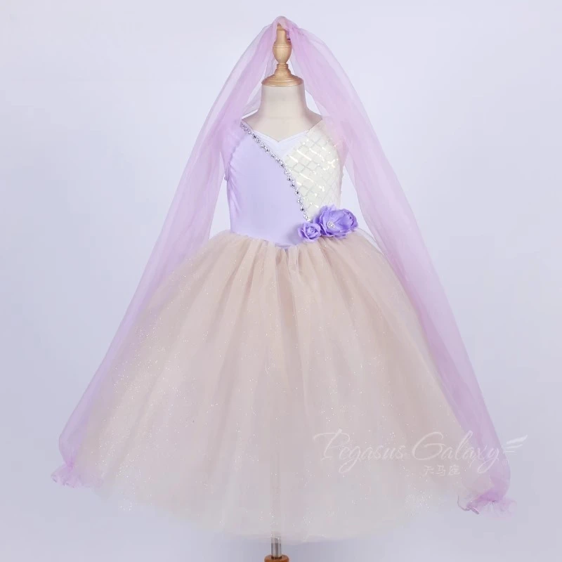 Robe Tutu de Ballet pour filles, manches en voile, Costume de danse combiné pour femmes, paillettes, spectacles sur scène, vêtements de danse, robe de décoration florale