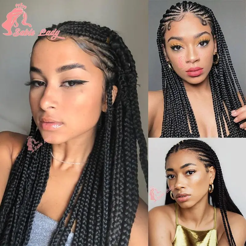 Synthetic Cornrows Wig 13x8 Lace Front Straight Cornrow Braids Wig Crochet Box Knotless Braided Lace Front Wig For Black Women