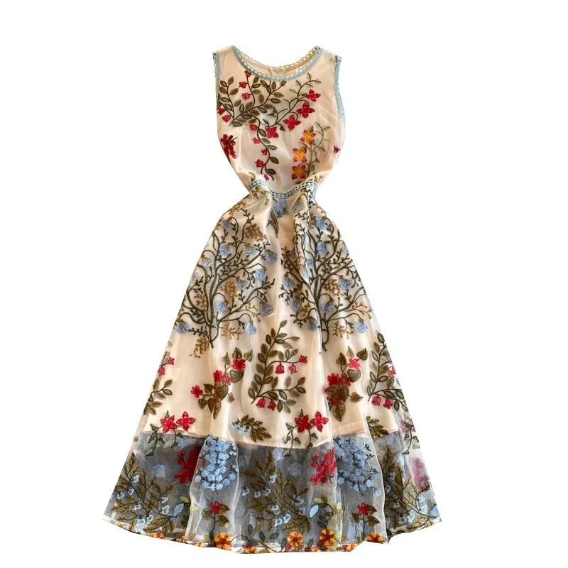 Royal Style High-end Dress Round Neck Sleeveless Slimming Heavy Mesh Embroidered Dress Dinner Dress Women
