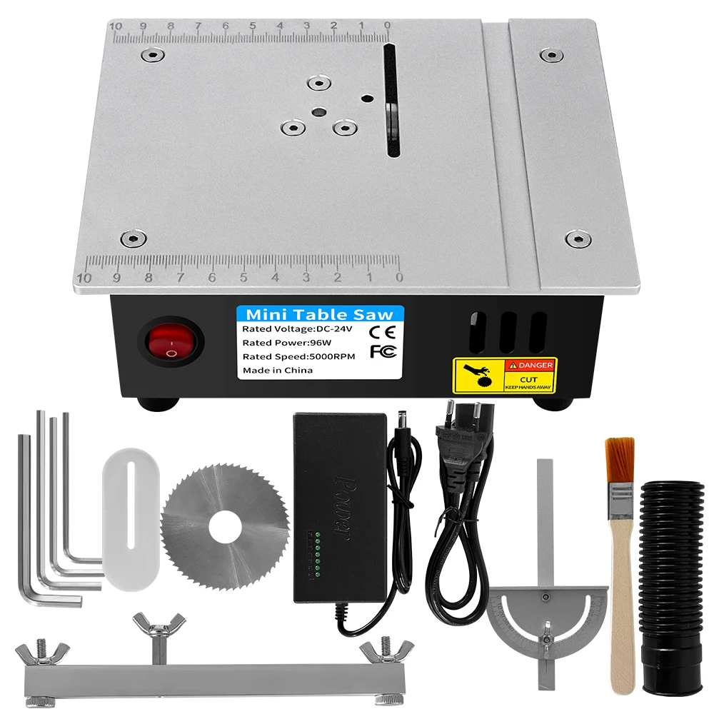 Gergaji Meja Multifungsi Mini 96W 24V Gergaji Desktop Listrik dengan 7 Kecepatan Dapat Disesuaikan Pisau 63Mm Pemotong Bubut Bangku Kayu