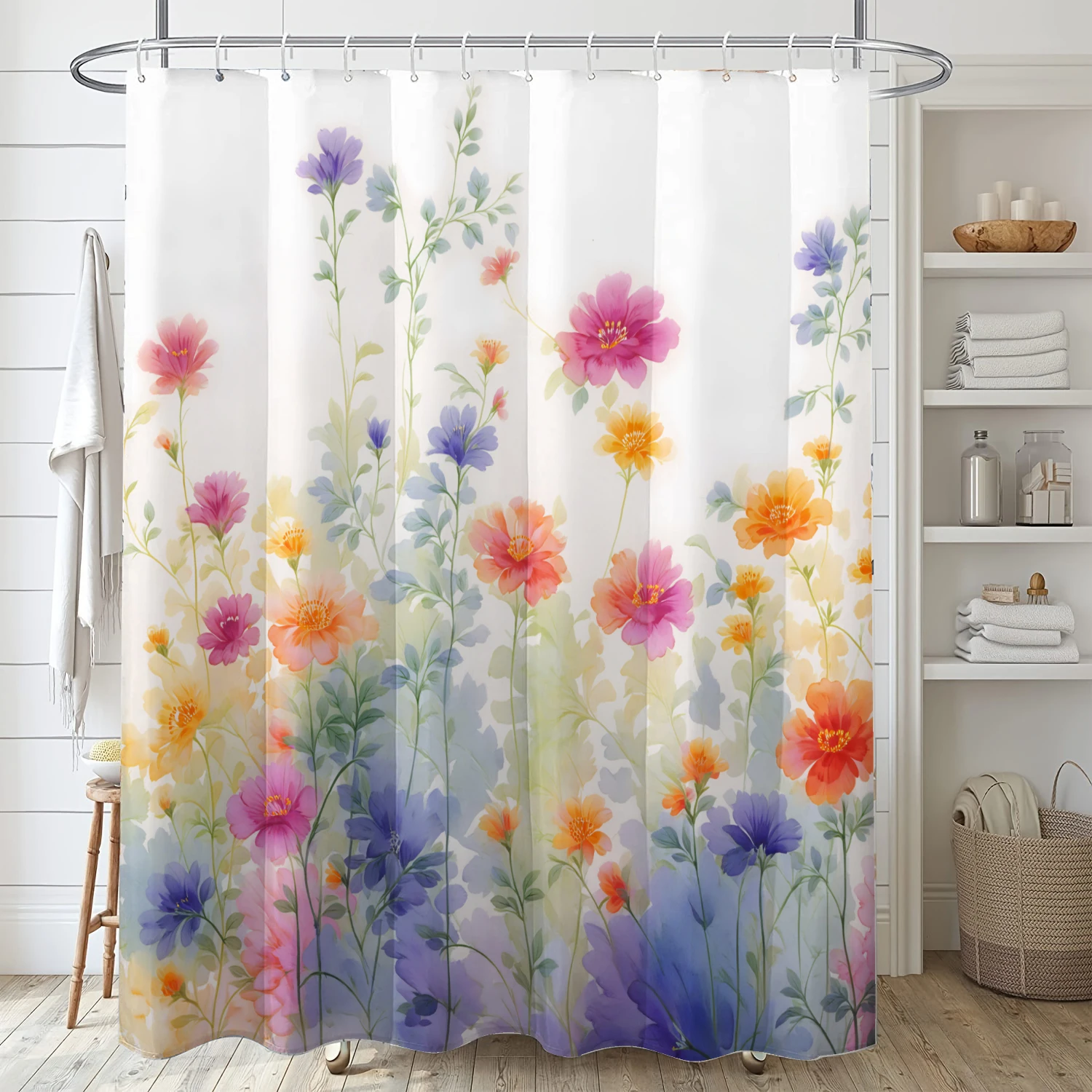 4-piece set of colorful flower waterproof printed shower curtains with 12 hooks, bathroom floor mats