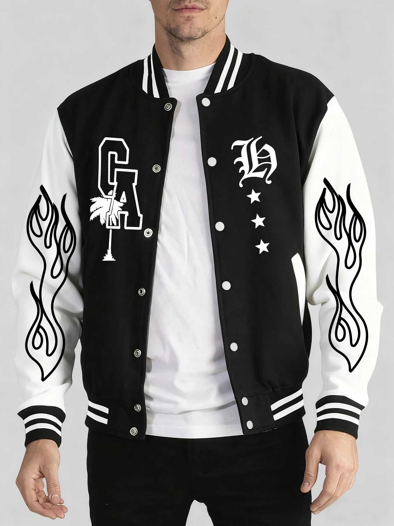 

California Art Letter With Flames Print Мужская уличная одежда Спортивная удобная бейсбольная форма Осенне-зимняя куртка Негабаритная модная жилетка