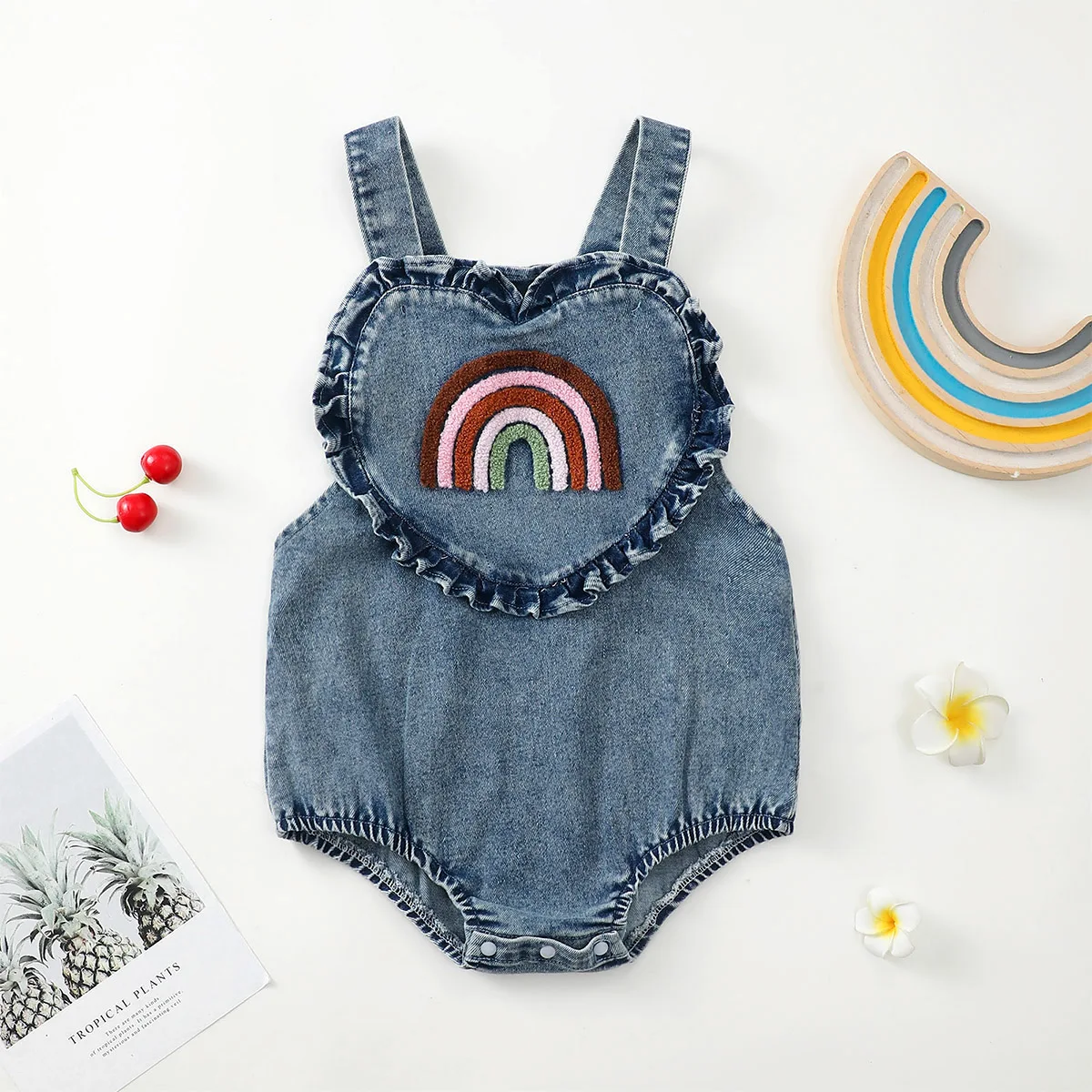 Rainbow Towel Embroidered Pattern Denim Baby Girl Romper with Straps Infant Clothing Baby Girl Outfit