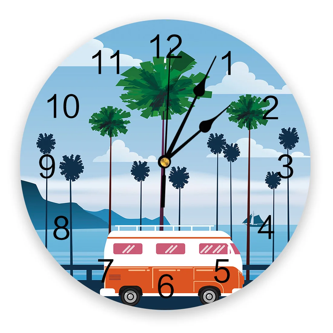 

Coconut Tree Bus Beach Clock Living Room Home Decor Large Round Wall Clock Mute Quartz Table Clock Bedroom Decoration Wall Watch