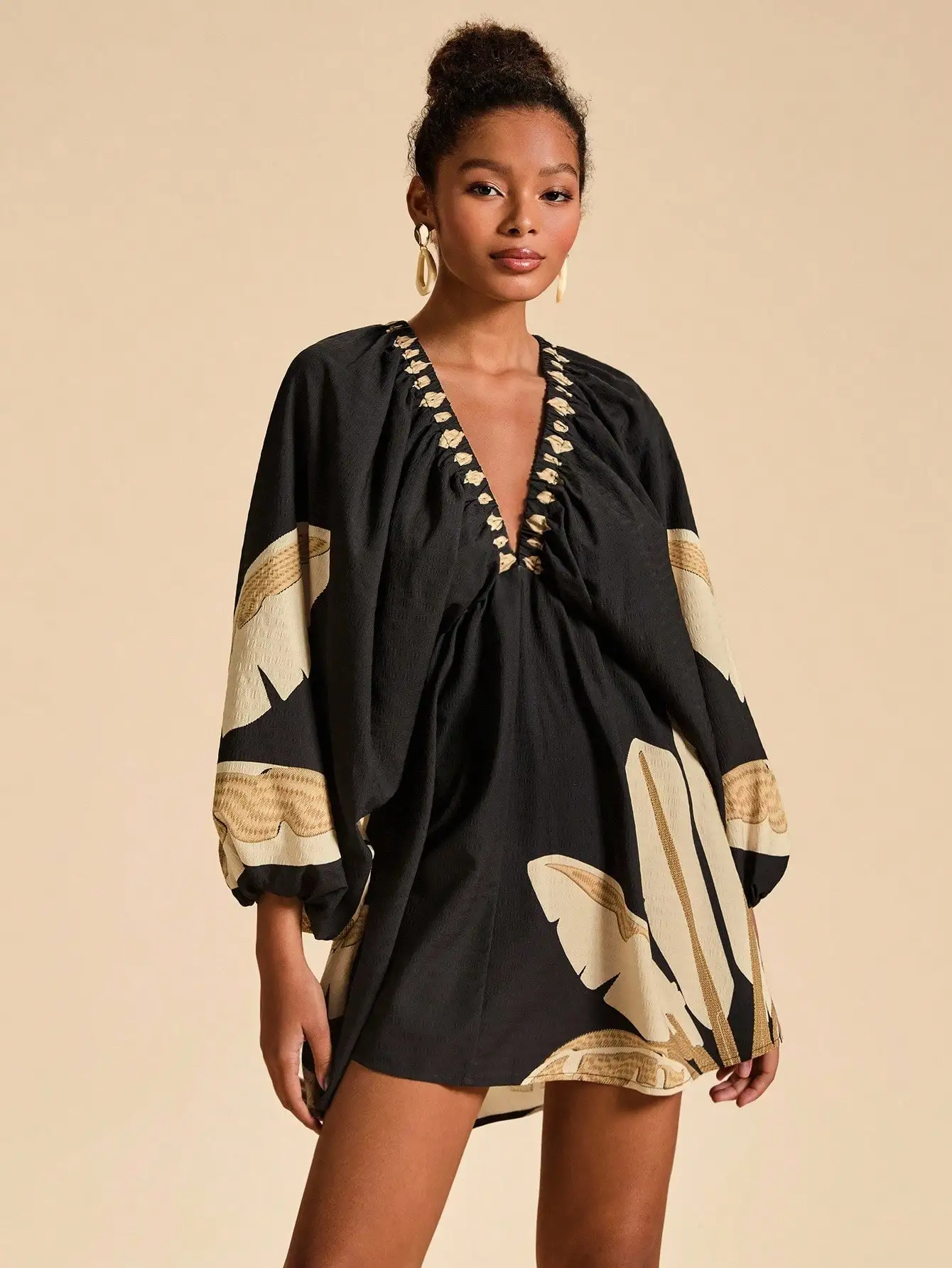 

Black Botanical Print V-Neck Loose Mini Dress with Embellished Neckline and Lantern Sleeves