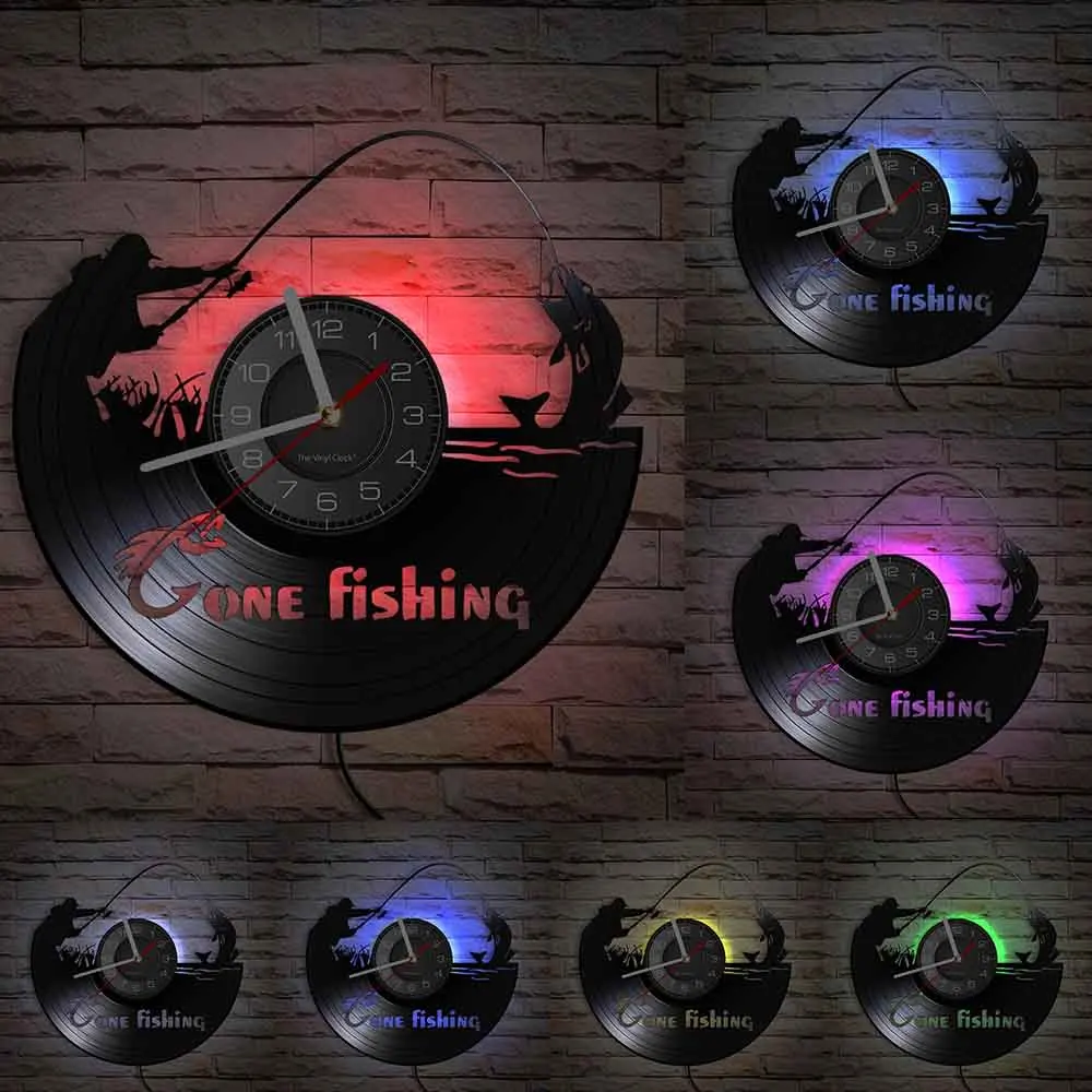 Gone Fishing Wall Art Sign Fish Rod Fisherman Wall Clock Interior Fishing Vinyl Record Wall Clock Handmade Gift For Fishermen