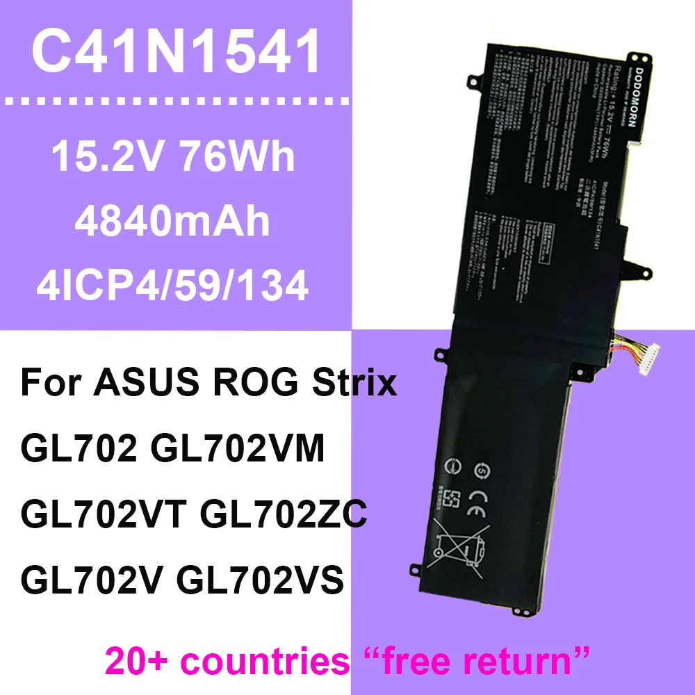 C41N1541 batería del ordenador portátil para ASUS ROG Strix GL702 GL702V GL702VM GL702VS GL702VT GL702VM1A serie 4ICP4/59/134 15,2 V 76Wh 4840mAh
