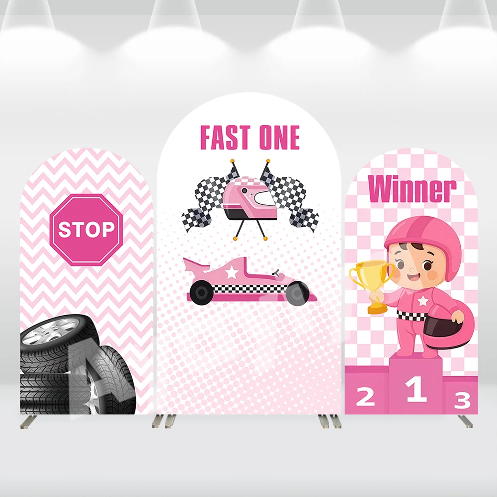 

Фон-арка для дня рождения девочки-гонщицы, розовый, с изображением машин, баннер для детского праздника