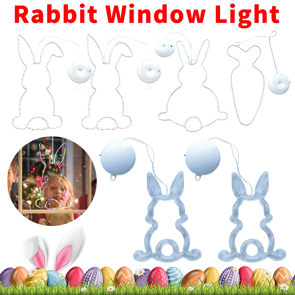 2Pcs LED Easter Rabbit Window Light with Suction Cup Hanging Fairy Lights Luminous Rabbit Pendant for Indoor Bedroom Decoration