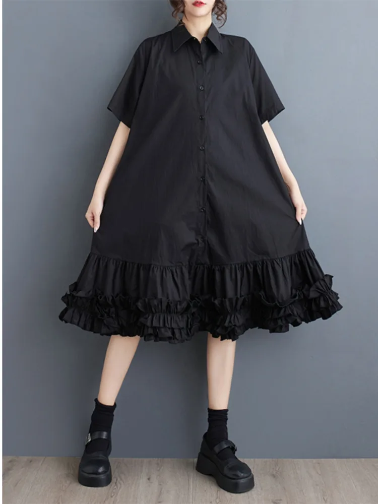 Robe chemise noire à volants épissés pour femmes, col rabattu, ligne A, vintage, ligne A, irrégulière, mi-longue, manches courtes, été, #3888