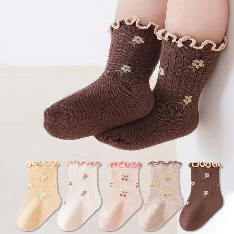 Baby Girls Socks Ruffle Edge Soft Cotton Newborn Girls Socks Sweet Floral Cherry Print Mid Tube Toddler Socks For Girls