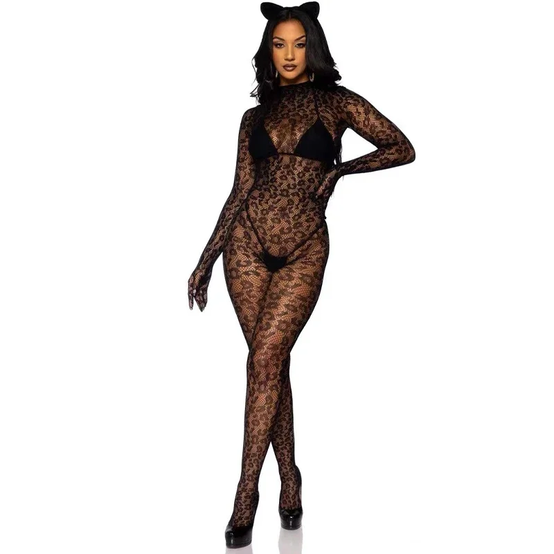 Sexy Leopard Bodysuit Women Lingerie Babydoll Underwear Chemises Exotic Apparelt Costumes Sexy Body Stocking Fishnet Bodysuit