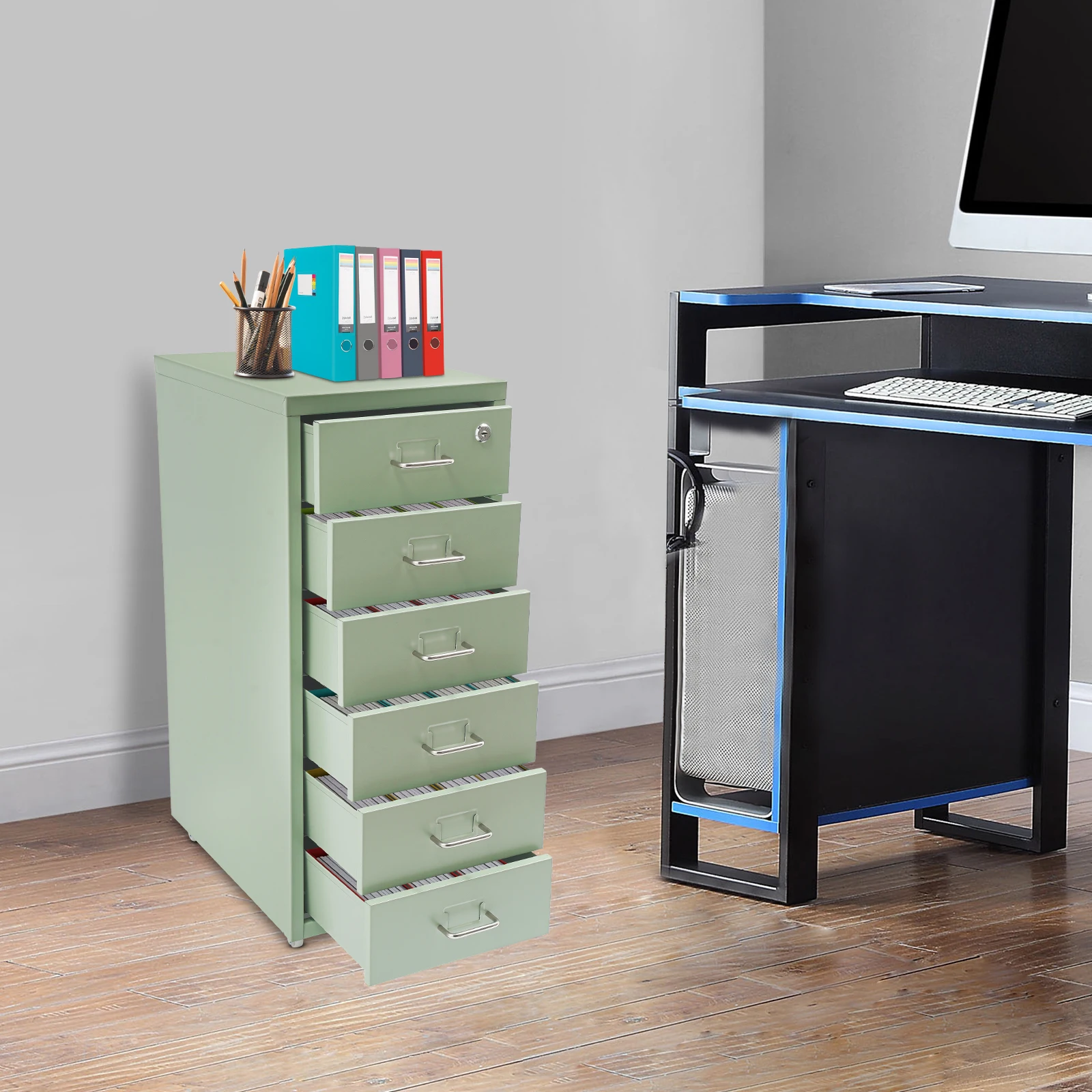 خزانة ملفات معدنية ذات ستة طوابق مقاس 11 × 16 × 27 بوصة باللون الأخضر الكريمي مع خزانة بكرة مغلقة #1