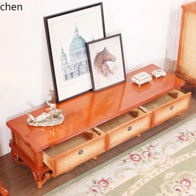 ZML rattan TV cabinet coffee table combination floor cabinet household storage solid wood advanced sense