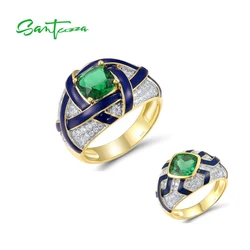 SANTUZZA Genuine 925 Sterling Silver Rings For Women Sparkling Green Spinel Modern Enamel Party Elegant Wedding Fine Jewelry