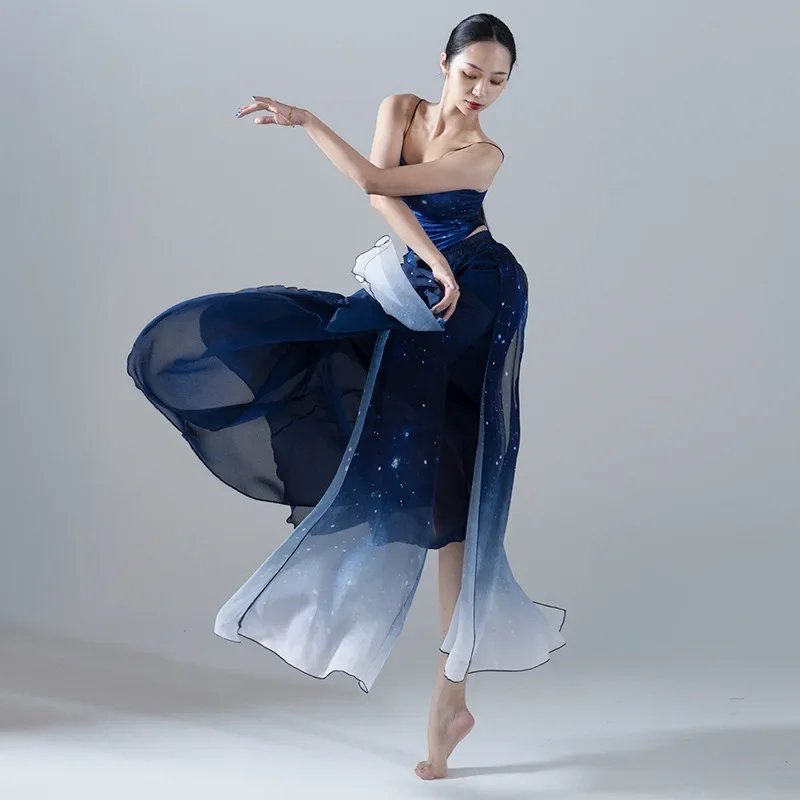 

2023 Royal Blue Stars Gradient Chiffon Oriental Dance 2-piece Suit Women Vest Ice Silk Skirt Modern Bellydance Big Swing Dress