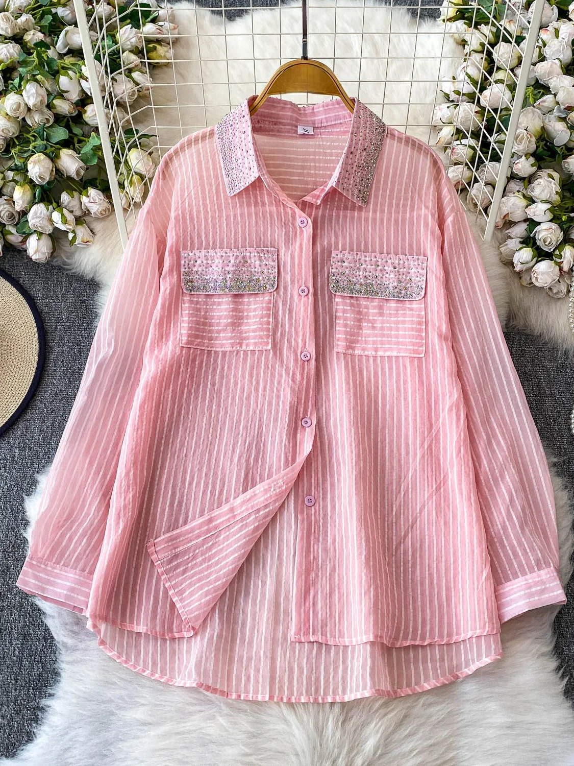 قميص نسائي بأكمام طويلة للحماية من الشمس، قميص شيفون رقيق مضاد للتجاعيد وفضفاض، تصميم عصري للعمل مزين بالماس ومخطط