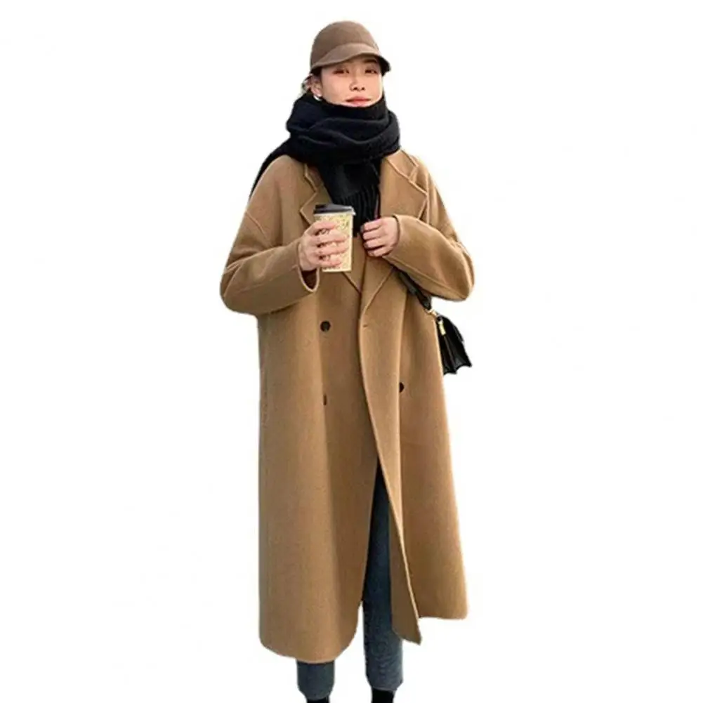 Long Woolen Jacket Women Coat Buttons Side Pockets Double-breasted Windproof Women Overcoat