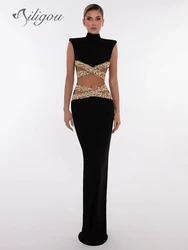 Ailigou 2024 New Women's Diamond Decoration Black Hollow Sexy Long Bandage Dress Elegant Celebrity Party Evening Dress