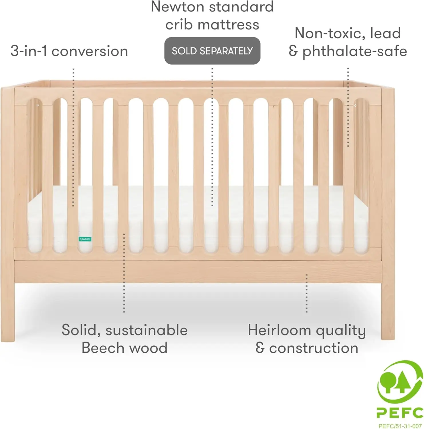 Standard Crib, Solid Beech Wood in Natural Color, 3-in-1 Convertible Crib with Toddler Bed Conversion Kit
