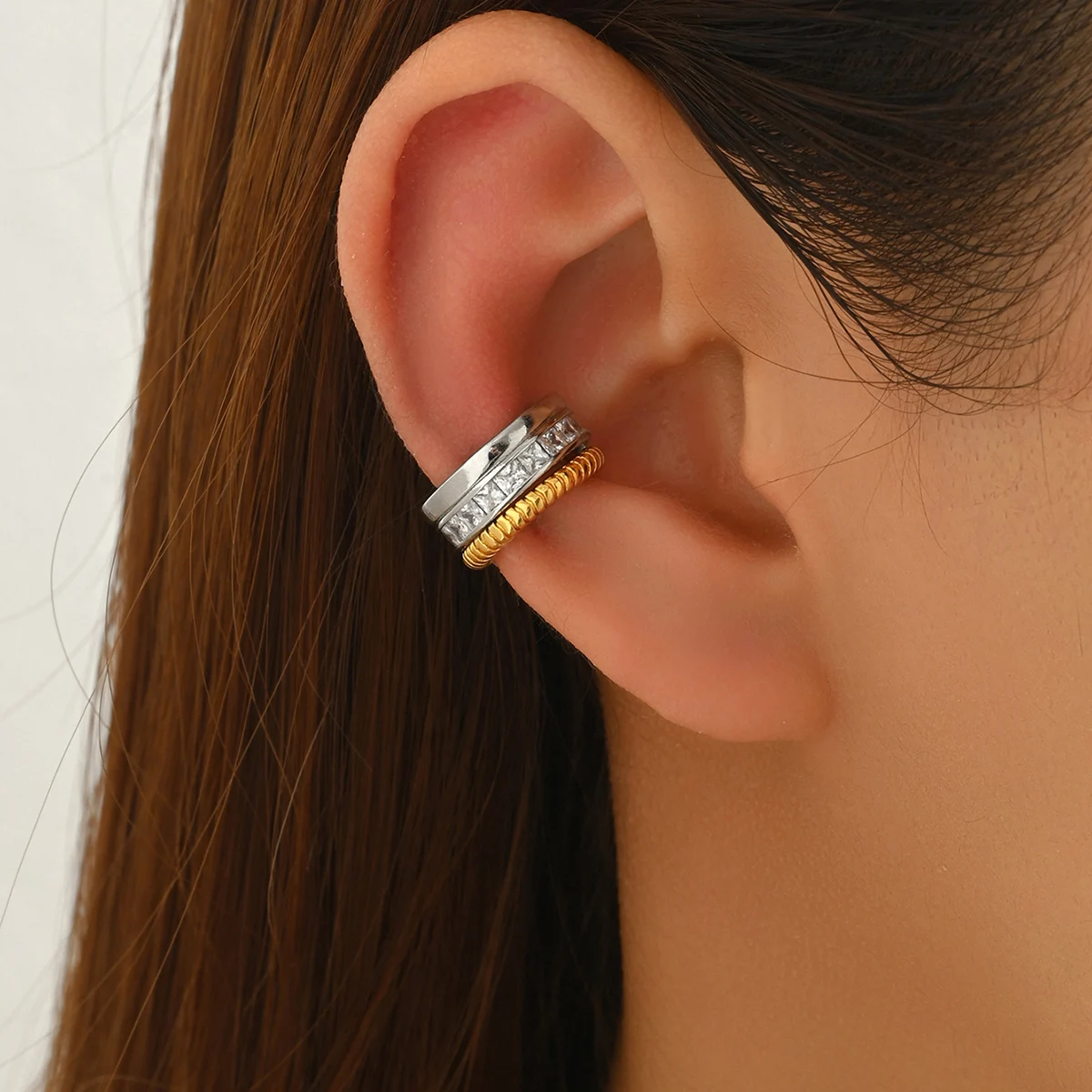 Luxury CZ Zircon Two-tone Wide C-Shape Clip Earrings 18K Gold Plated Stainless Steel Geometric Ear Cuff Waterproof Jewelry Gifts